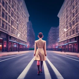 wide shot of a woman walking down the street