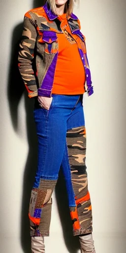 Model is caucasian woman. sérigraphie on denim with orange,terracotta, cream and purple colors. Camouflage patterns are screen printed on denim and felt. Woman in her 30's, thick thighs, thick calves, flat belly, wide hip. Mantle is sewed of recycled Denim and sewed together of camouflage pieces. It is with big bright purple felt tippet and cream-colored-hood. mantle is merged with satchel. Style: Haute Couture in 1920's and 1990's in New York. Paris in 2023