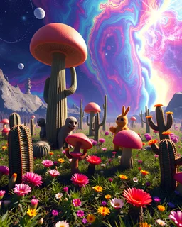 Create a vivid peyote trip of cosmic proportions, in the scene there are strange creatures, talking mushrooms, colorful cacti on an enchanted meadow, all in a hallucinogenic psychedelic experience, digital art, hyper trippy, UE5, hyper vivid colors, ludicrous art