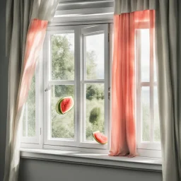 An open white window with watermelon colored curtains and a melon on the windowsill