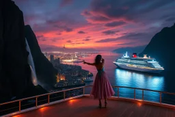 A modern city at the foot of the mountain. The entrance valley with a waterfall from a high rock.and huge sea with a very big ship in it, A beautiful lady dancer showing her performance in a poen stage on deck of ship in a top and midi skirt. at night ,dynamic color turnning lights