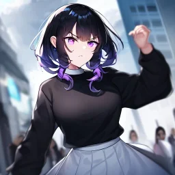 Clear focus, High resolution, short black fluffy hair, purple eyes, long spiky locks, wearing a black sweater with a white collar, long sleeved shirt, wearing a white skirt, angry