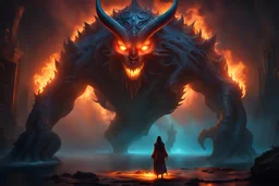 A giant floating fiend, glowing eyes, malevolent, chest burning, majestic, colorful, warm light.fantasy concept art, exquisite realism, a masterpiece, dynamic lighting, hyper detailed, intricately detailed, deep color, Unreal Engine, volumetric lighting , Epic cinematic brilliant stunning intricate meticulously detailed dramatic atmospheric maximal,