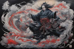 Japanese Neo-Shodo acrylic on silk painting, JAPANESE SPIRIT NO. 6, by Tenmyouya Hisashi, dynamic composition, surreal man machine hybrid, epic masterpiece, dark shines war