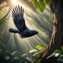 Hyper Realistic photographic-view of Koel Bird Flying outside a thick old tree inside a jungle with sunlight-rays showing dramatic & cinematic ambiance