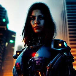 portrait,beautiful female Cyborg, intense stare, sad eyes, post-apocalyptic in a cyberpunk city, realistic, intriacte detail, sci-fi fantasy style, volumetric lighting, particles, highly detailed ,cinamatic , deep colours,8k, in the style of Kaare Andrews