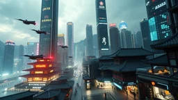 A futuristic 3D rendering of Hong Kong's skyline, depicting a technologically advanced city with flying cars zooming between skyscrapers and holographic displays lighting up the streets. The scene includes traditional elements like temples and street markets, juxtaposed against the sleek, modern architecture. The suffix enhances the image with a cyberpunk aesthetic, adding a gritty and dystopian vibe to the futuristic setting.