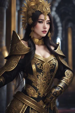 Realistic photography,front_view, (1Queen, looking at viewer), black long hair,traditional dress ornaments mechanical_armor, intricate armor, delicate golden filigree, intricate filigree, black metalic parts, detailed part, dynamic pose, abstrac background, dynamic lighting