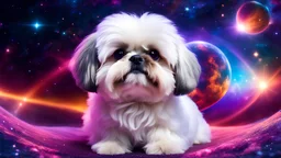 fluffy large eyed happy baby white-gold shih-tzu head in sith lord uniform in the distance a colorful intricate HEART shaped planet similar to earth in a brig ażht nebula. sparkles. Cinematic lighting,vast distances, swirl. fairies. magical DARKNESS. SHARP. EXTREME DEPTH. jellyfish
