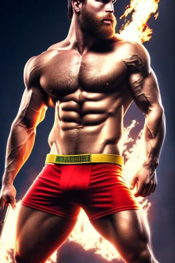 Ignore NSFW, teenager young rugged attractive slightly muscular fantastic handsome man, red briefs with yellow belt, hairy chest, (((visibly pisssing))) briefs, large erect visible boner peniss, photorealistic, artist Jay Anacleto, soft lighting, scruffy beard