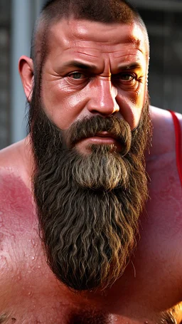 close up photography of a turkish ugly burly serious sweaty, wet chubby muscular and hairy carpenter shirtless, with short pants in safety vest and with long beards, 44 years old, working on a construction site, in the middle of a road, under the August sun, angry eyes, , hyper-realistic, photorealistic , frontal view from the ground