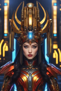 cyber robot woman ((masterpiece)), (beauty:1.3), iconic asp headpiece, UHD, 64K, hyperrealistic, vivid colors, , 8K resolution, throne room background with hieroglyphics, HDR depth, ultra detail, commanding regal aura, real photo