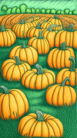 pencil drawing with colored pencils of a pumpkin patch, green