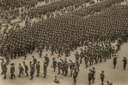 military parade; two columns of soldiers; birds eye view; soldiers marching