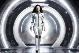 photorealistic slim woman looking like Drusilla with white boots in a heroic pose at the entrance to a spaceship