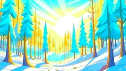 fantasy cartoon: sunny sky over the winter forest, pine trees