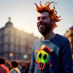 Ultra Realistic photo, medium shot view, drunken sweet jumper Spanish man, carnival scene, monster hair, steampunk style. Yellow hair, confeti, smile, happy, festival, ovnis, gradient color fog. highly detailed, concept art, unreal engine 5, ray tracing, RTX, lumen lighting, ultra detail, volumetric lighting, 3d, finely drawn, high definition, high resolution.