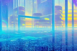 Futuristic cyberpunk buildings, frozen lake, impressionism painting