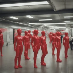 Personnes en plastique rouge sur le quai du métro
