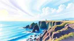 Create a vector pencil sketch of the futuristic and dystopian coastal seascape using colored pencils, inspired by impressionism.