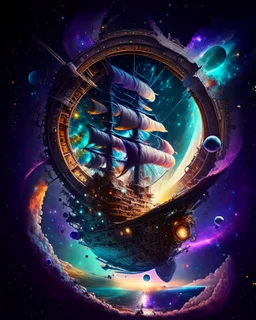 The cosmic pirate ship navigating through wormholes, exploring unknown galaxies.