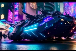 futuristic flying modern robotic war tank no wheels in war destruction in tokyo street in the heart of a neon-lit, metropolis for robots, filled with diverse futuristic technology. The scene is a blend of gritty realism and vivid imagination, with towering holographic and a cacophony of sights and sounds. 32K UHD, dynamic colors, and intricate details create an immersive and engaging image cartoon