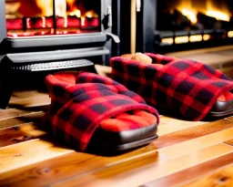 Red plaid slippers laying on a bearskin rug by log cabin woodstove