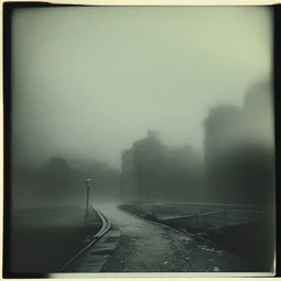 Dark street creepy fog colours strong texture artistic polaroid volumetric light nightmare Yves Tanguy