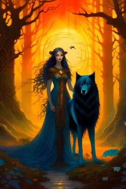 In the heart of a dense and enigmatic forest with towering ancient trees cloaked in amber foliage stood a bewitching sorceress possessing an ethereal allure her lustrous hair cascading in ebony waves down to her slender waist that turns into roots In the background a faithful companion a majestic canine of Belgian shepherd lineage roamed at her side its eyes illuminated by an otherworldly crimson glow exuding an aura both mysterious and demonic