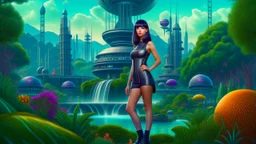 Photorealistic, Full Body Photo Of A Sci-Fi Pin-Up Girl, With Dark Hair and bangs, On An Alien sci-fi jungle Planet With Cloud Trees, Tall Spires, Buildings, Bridges, Arches