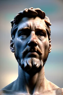 Ultra Realistic image, classical renaissance sculpture, white marble material, Lionel Messi, emperor, gold Laurel leaves crown, miguel angel style, chisel style, emperor, waist up portrait, epic, celestial, cinematic lighting, God light, god rays, 4k resolution, smooth details, ornate details, soft lighting, unreal engine 5, sky background.