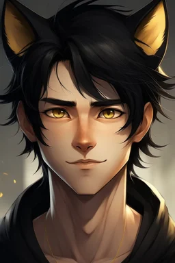 A male with messy black hair, gold eyes, black cat ears, realistic, slight smile