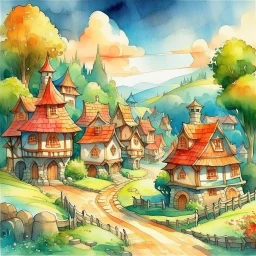 dnd, fantasy, watercolour, large strokes, stylistic, landscape, illustration, quaint little town, summer hues