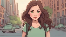 Cartoon style pixar style woman with medium length brown hair and green eyes in new york city, in the style of soft dreamy pastel palette, pastel - colored scenes,