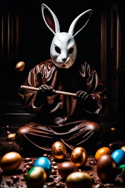 horror figure in rabbit mask sitting on the floor and shatters with a hammer many chocolate eggs, crepy, volumetric light, dark colors, surreal dark mood, cinematic