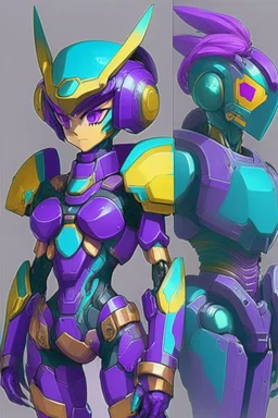 One Genderless Cyborg made of metal, has a human like face with a really long violet ponytail, the cybord is wearing armor similar to Megaman. The color palatte of the armour is deep purple and yellow. The Cyborg is not wearing a Helmet, and has Turquoise colured eyes.