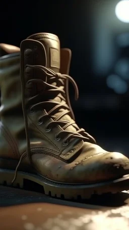 A hyperrealistic shot of an old military rugged boot , intricate details, soft natural light, screen captured from 4K Blu-ray