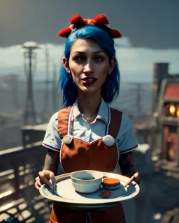 hybrid character, waitress sexy British woman with monster muppet mask that covers her entire head, Sesame Street style, retro style, short shirt, tray, beer, old school tattoo, hot, smooth, unreal engine 5, god lights, ray tracing, RTX, lumen lighting, ultra detail, volumetric lighting, 3d.