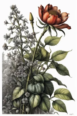 botanical pen and ink illustration, ultra realistic, award-winning: atmospheric: commanding: fantastical: clarity: 16k: ultra quality: striking: brilliance: stunning colors: masterfully crafted in the style of Albrecht Durer and Rogan Brown