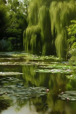 A beautiful classical painting of a cute pond with willows