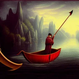 Charon in his boat on the river Styx, red black purple colours, 8k, high definition, fantasy art