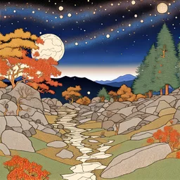 Colourful, peaceful, Egon Schiele, night sky filled with galaxies and stars, rocks, trees, flowers, one-line drawing, sharp focus, 8k, deep 3d field, intricate, ornate