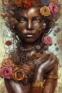 an abstract painting of rusted metal and flowers, heart filled with love African slave lady working, rust, scaffolding, iron cladding, decay, mixed media, textured, anatomically correct, beautiful perfect face, sharp focus, highly detailed