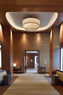 Hotel interior design with gentle curves suggesting swirling waves, more pronounced elevations and troughs for a greater sense of movement, or a totally abstract shape with unique shapes scattered throughout, considering materials and finishes such as tiles, wood paneling, carpets, etc., as these can affect the The general look and feel of the lobby area of ​​the hotel.