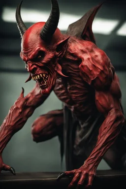 Realistic ghoulish devil leaning forward at an angle facing right, posed as if over a shoulder, red skin, horror style, no other person.