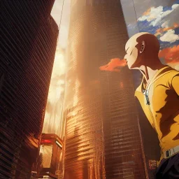 Portrait of one punch man, background Singapore's Marina Bay Sands, 8k resolution concept art portrait by Greg Rutkowski, Artgerm, WLOP, Alphonse Mucha dynamic lighting hyperdetailed intricately detailed Splash art trending on Artstation triadic colors Unreal Engine 5 volumetric lighting, mappa studios