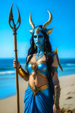 A picture of a beautiful blue faced indian goddess with skin painted blue, blue painted body, blue painted torso, wild black hair, stag antlers, elven ears, golden skirt, holding a staff on a sunny beach