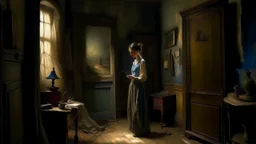 woman in a mysterious room, painted by alfred stevens and phil hale and rick berry and norman rockwell and everett raymond kintler norman rockwell, hyper-realistic and highly detailed oil painting with thick brush strokes, hdr, 4k, 8k, HD,