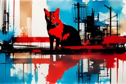 double exposure ink painting of urban decay with double exposure abstract ink painting of walking rusty scrappy red (mechanical:1.7) cat, pseudo photo-realism, negative space, liminal space, liminal vibe, amazing reflections, excellent parallels, great verticals, juxtaposition shock, wet print, ink leak, colors of light sky blue and beige and black, text on wall: "FEAR THE GEAR"