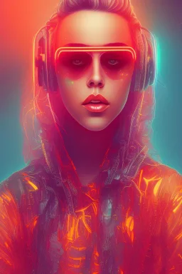 danish singer mø face, cyberpunk,orange tones, style free